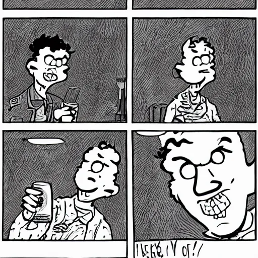 Prompt: A very sad Jon Arbuckle in real life in a comic book style sitting in his living room at home while holding a beer and being depressed, extremely depressed while watching TV, very nostalgic, very melancholic, dramatic angle, rotoscoped, rotoscope, photoshop, photomanipulation, realism, painting, illustration and sketch, weird scribbles, hybrid styles, hybrid art styles, mismatched, trending on artstation, trending on deviantart, weird, quirky, interesting, very detailed, highly detailed, HD Quality, 4k resolution, 8k resolution, in the style of David Firth, in the style of James Lee, in the style of Drue Langlois,