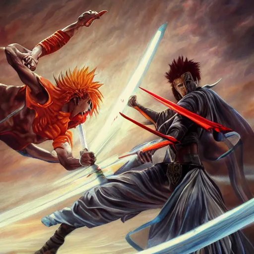 Image similar to Virgil fighting Ichigo Kurosaki, detailed, centered, digital painting, artstation, concept art, donato giancola, Joseph Christian Leyendecker, WLOP, Boris Vallejo, Breathtaking, 8k resolution, extremely detailed, beautiful, establishing shot, artistic, hyperrealistic, beautiful face, octane render, cinematic lighting, dramatic lighting, masterpiece