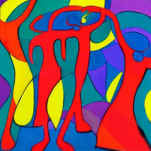 Prompt: the three graces in bright colors, dancing, abstract, miro