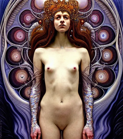 Image similar to detailed realistic beautiful young groovypunk fully clothed cher as queen of andromeda galaxy. art nouveau, symbolist, visionary, baroque, giant fractal details. horizontal symmetry by zdzisław beksinski, iris van herpen, raymond swanland and alphonse mucha. highly detailed, hyper - real, beautiful