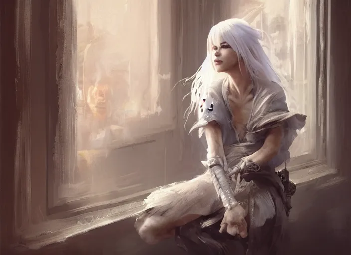 Prompt: beautiful girl warrior with white hair sitting next to a window, digital art, painting, by yoshitaka amano and greg rutkowski, octane render, expressive oil painting
