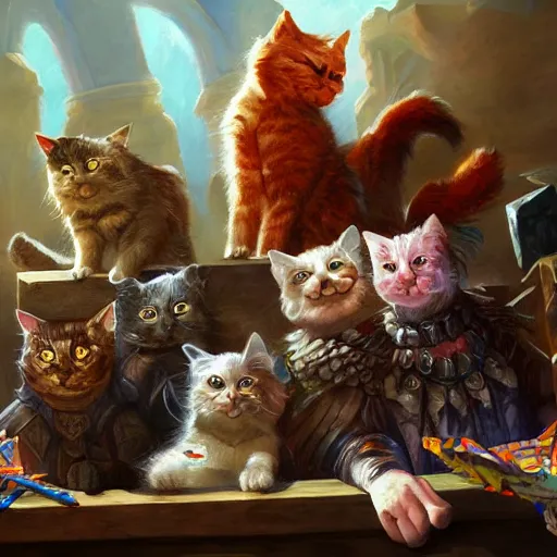 Image similar to party of cats playing dungeons and dragons, oil on canvas, surrealism, highly detailed, masterpiece, award - winning, artstationhd