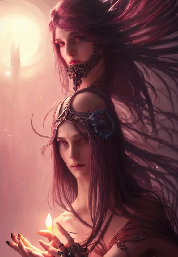 Image similar to Necromancer Sorceress in center, fantasy magic, undercut hairstyle, dark light night, intricate, elegant, sharp focus, illustration, highly detailed, digital painting, concept art, matte, art by WLOP and Artgerm and Greg Rutkowski and Alphonse Mucha, masterpiece