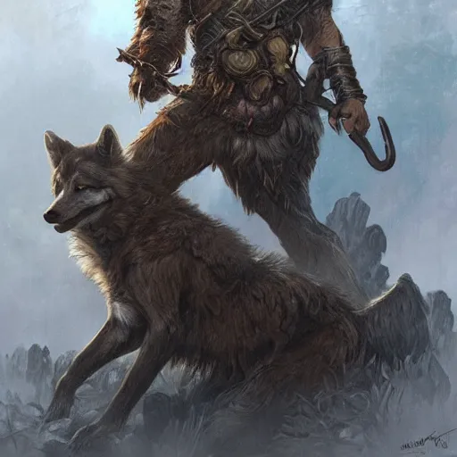 Image similar to portrait of a gruff ranger with wolf companion, muscular, upper body, hairy body, D&D, fantasy, intricate, elegant, highly detailed, digital painting, artstation, concept art, matte, sharp focus, illustration, art by Artgerm and Greg Rutkowski and Alphonse Mucha