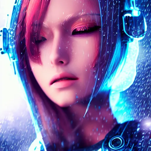 Image similar to anime woman portrait made out of rain, beautiful, cyborg, stylish suit, cyberpunk background, neon, rendered in octane, unreal engine, matte painting, sharp focus, trending on artstation, futuristic, space
