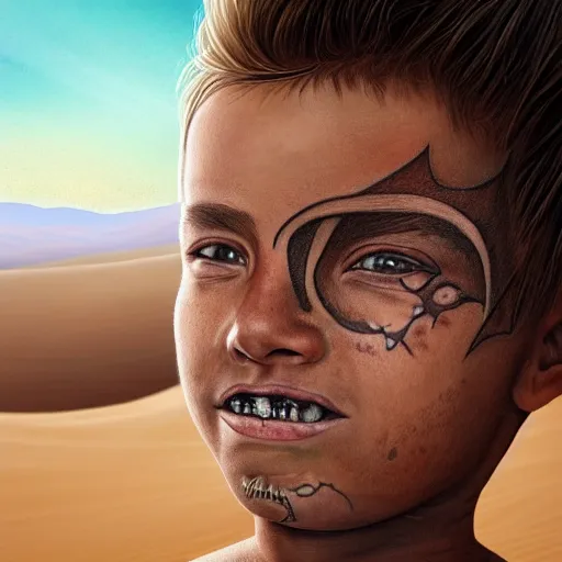 Image similar to a detailed portrait of a boy with a face tattoo in the desert, fantasy art illustration, incredibly highly detailed and realistic, 8 k, sharp focus