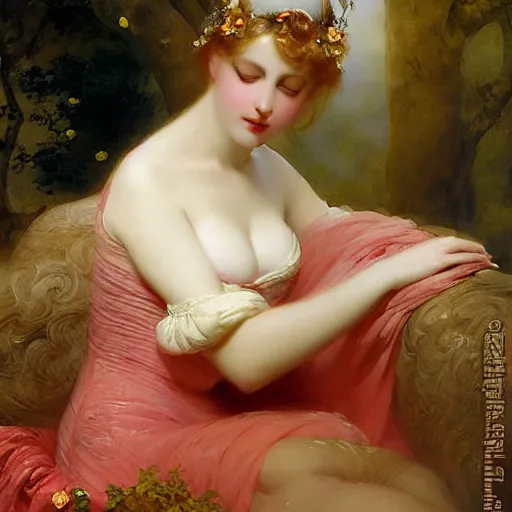 Image similar to blonde beautiful sleeping princess by franz xaver winterhalter and delphin enjolras and rebecca guay