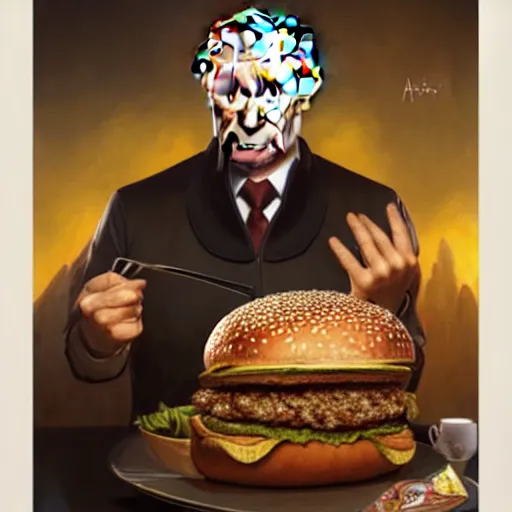 Image similar to portrait of Putin eating a giant hamburger , extra onions and ketchup, luscious patty with sesame seeds, feminine ethereal, handsome, D&D, fantasy, intricate, elegant, highly detailed, digital painting, artstation, concept art, matte, sharp focus, illustration, art by Artgerm and Greg Rutkowski and Alphonse Mucha