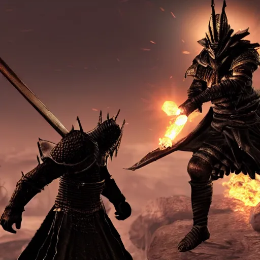 Image similar to 2 lords from dark souls having a battle