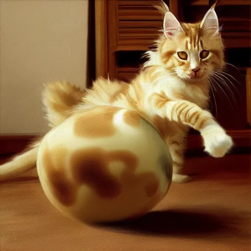 Image similar to cream color maine coon cat chasing a cat-toy-ball in a sunlit bedroom, in style of Ruan Jia