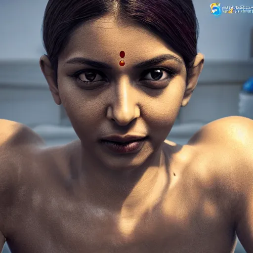 Image similar to indian woman doing push ups, ultra realistic, concept art, intricate details, highly detailed, photorealistic, octane render, 8 k, unreal engine