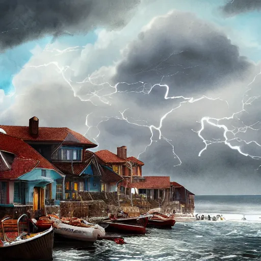 Image similar to a watercolor illustration of a cozy seaside village with a menacing storm cloud on the ocean horizon, octane render, highly detailed, masterpiece, by anthony micallef