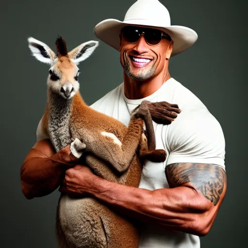 Image similar to dwayne johnson holding a kangaroo, he is wearing a safari outfit and a pith hat, studio photography, 8 k