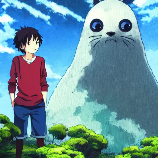 Image similar to friendly guy and small creature , with Fragile looking character portrait face made by Studio Ghibli highly detailed art, beautiful scene, sharp focus, smooth, 8k, anime art, wild, dark, fantasy, peaceful, colorful, detailed creature