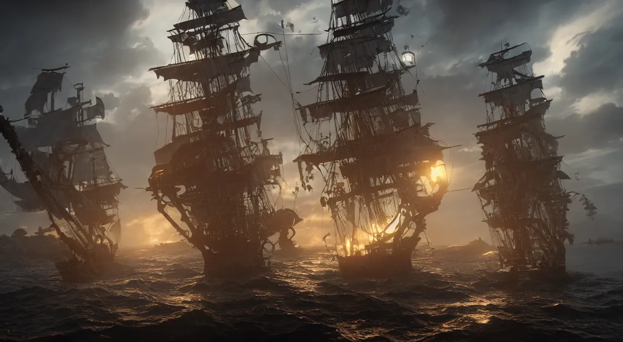 Image similar to ghost pirate ship with a pirate on the foreground, highly detailed, photorealistic portrait, bright studio setting, studio lighting, crisp quality and light reflections, unreal engine 5 quality render