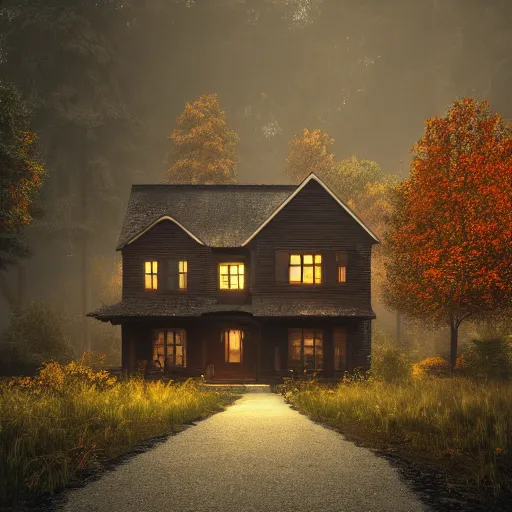 Image similar to autumn, house, forest, rain, dark, octane render, artstation, unreal engine 5 highly detailed, epic composition,