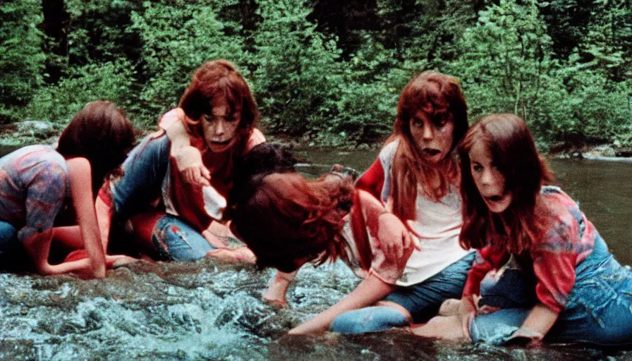 Prompt: 7 0 s film still from a horror movie about teenagers yelling near a river, kodachrome, cinecolor, cinestill, film grain, film texture, retro, cinematic, high resolution, photorealism,