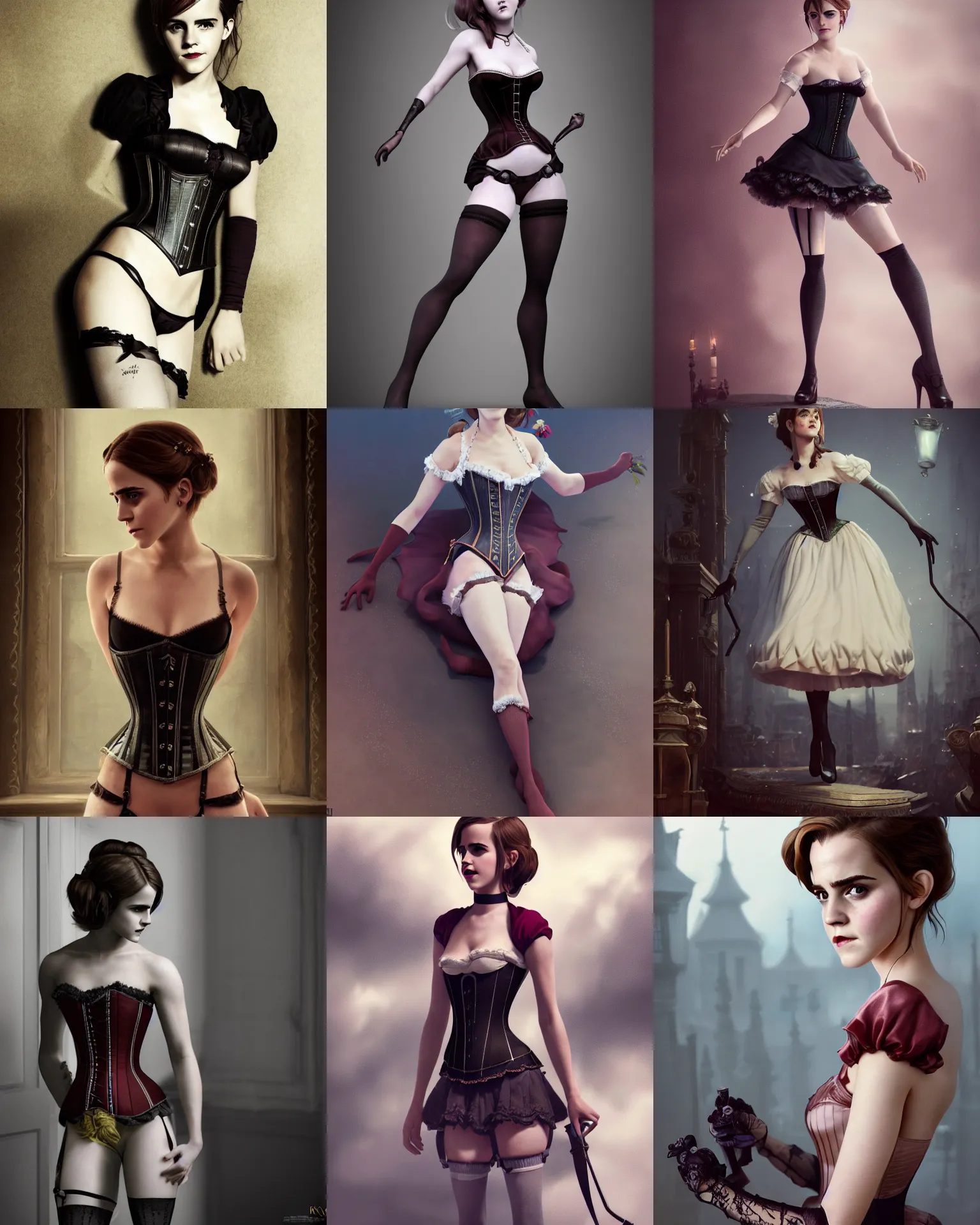 Prompt: full shot portrait painting of very beautiful emma watson standing as maiden in stockings corset noir streets, character design by mark ryden and pixar and hayao miyazaki, unreal 5, daz, hyperrealistic, octane render, cosplay, rpg portrait, dynamic lighting, intricate detail, cinematic