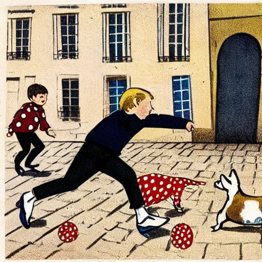 Image similar to book illustration of a french boy on the streets of paris playing football against a corgi, the dog is wearing a polka dot scarf, 1 9 6 6