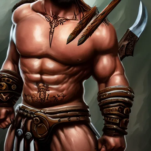 Image similar to goliath barbarian, with a two handed axe, tribal tattoos, very muscular, large fists, fantasy, d & d, intricate, detailed 4 k, trending on artstation, smooth, sharp focus