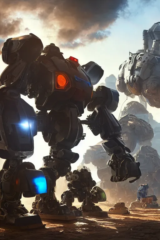 Image similar to mechwarrior 5 : mercenaries mech megaman transformer robot boss tank engine game octane render, 4 k, hd 2 0 2 2 3 d cgi rtx hdr style chrome reflexion glow fanart, global illumination ray tracing hdr fanart arstation by ian pesty by jesper ejsing pixar and disney unreal zbrush central hardmesh