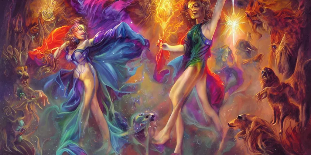 Image similar to Magic sorceress with rainbow sparkling robe, creepy dogs, Boris Vallejo, Julie Bell, Artgerm