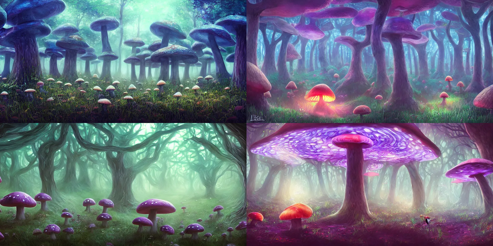Prompt: lucid dream style mushroom forest, trending on artstation, digital painting, epic lighting, wizard house