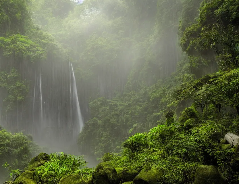 Prompt: a cinematic widescreen photo of epic ancient japanese temples with hot springs on the top of a mountain in a misty bamboo cloud forest with colossal waterfalls at dawn by lee madgewick and studio ghibli and roger dean