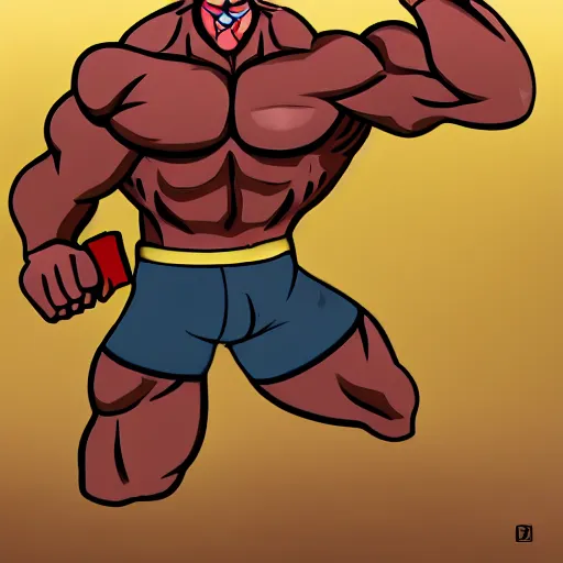 Image similar to cartoon muscular man, angry holding a oversized gun