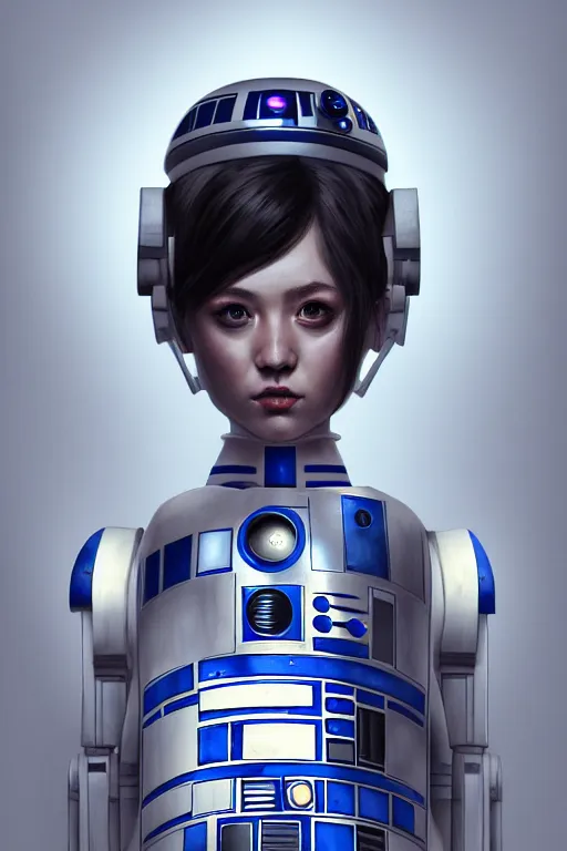 Image similar to a portrait of android girl as r 2 d 2 droid, humanization, humanized, grim - lighting, high - contrast, intricate, elegant, highly detailed, digital painting, artstation, concept art, smooth, sharp focus, illustration