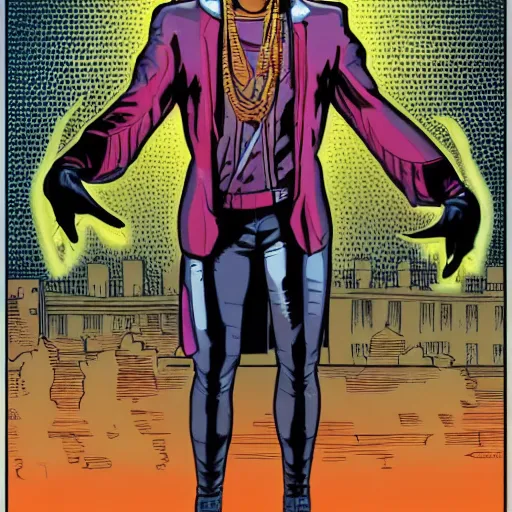 Prompt: afrofuturist man in a crowded busy street wearing gold jewelry, simple, cyberpunk, far shot, full body shot, 1970s X-Men art style