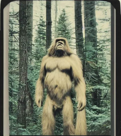 Image similar to photograph of bigfoot captured in forest on polaroid camera, signed by bigfoot in sharpie