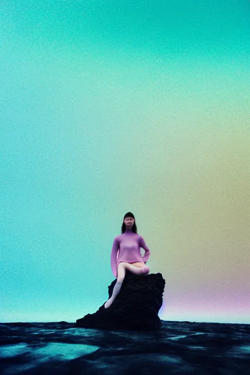 Image similar to high quality pastel coloured film close up wide angle photograph of a model wearing clothing swimming on cloud furniture in a icelandic black rock!! environment in a partially haze filled dreamstate world. three point light, rainbow. photographic production. art directed. pastel colours. volumetric clouds. pastel gradient overlay. waves glitch artefacts. extreme facial clarity. 8 k. filmic.