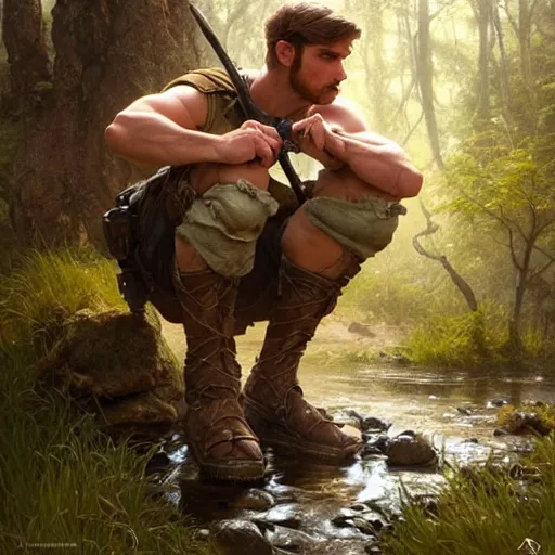 Image similar to young rugged ranger sitting by a stream, muscular thighs, soft smile, D&D, fantasy, intricate, cinematic lighting, highly detailed, digital painting, artstation, concept art, smooth, sharp focus, illustration, art by Artgerm and Greg Rutkowski and Alphonse Mucha