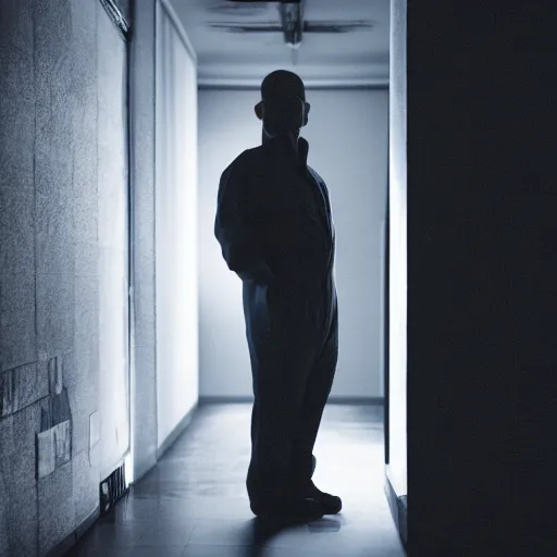 Image similar to man with deformed face in jumpsuit, standing in a dimly lit hallway with a wrench