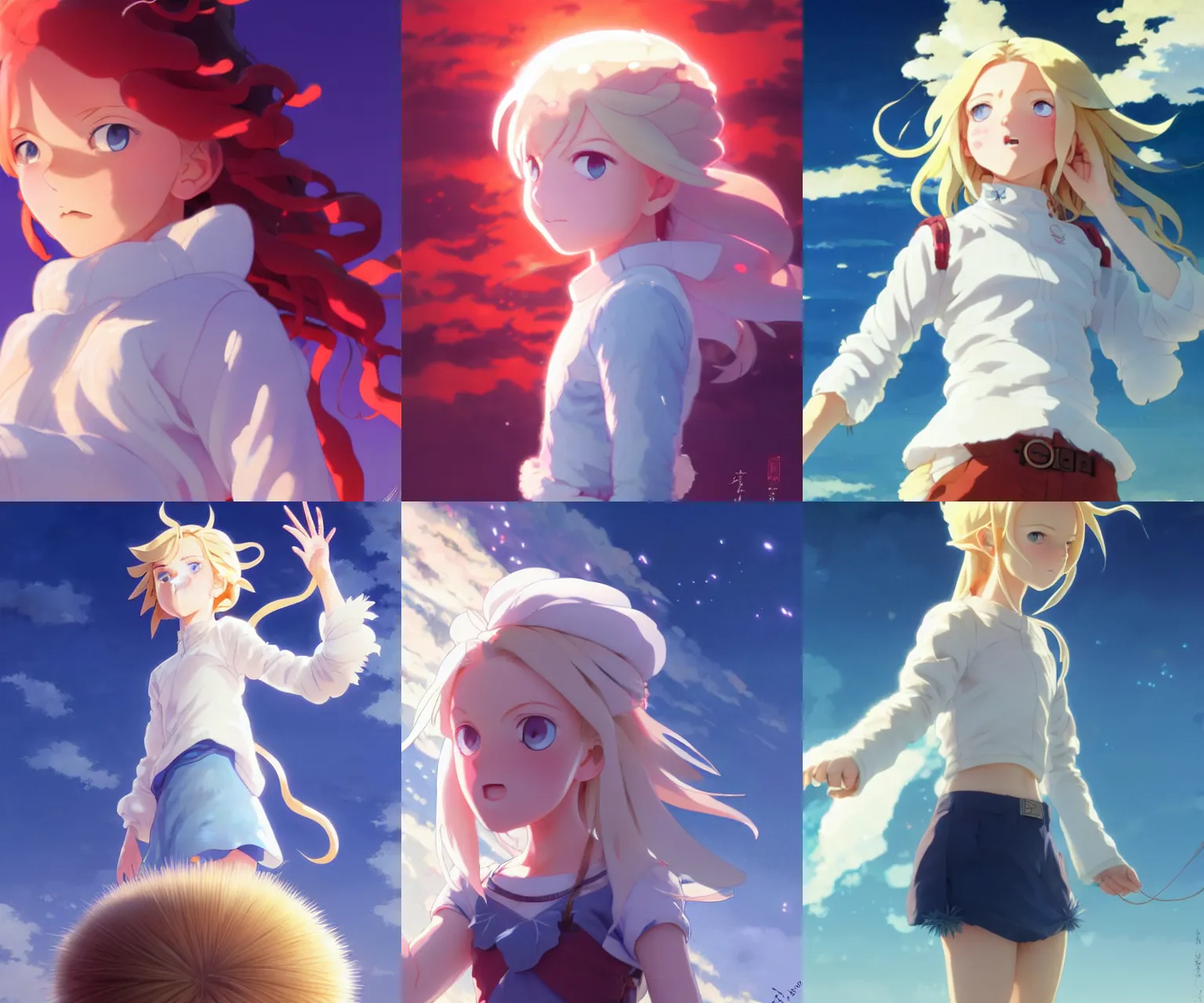 Prompt: young female urchin staring at the sky, long blonde hair and blue eyes, white puffy outfit, detailed perfect face, exquisite details, fire magic, mid view, design on a dark crimson background, by studio muti, greg rutkowski makoto shinkai takashi takeuchi studio ghibli