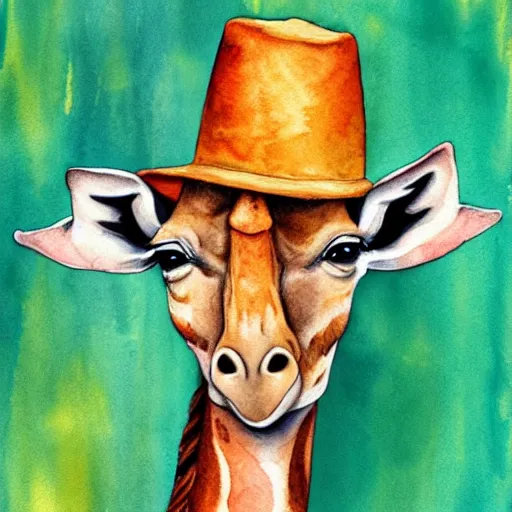 Prompt: A portrait of a giraffe with a beautiful hat, watercolor, wallpaper HD