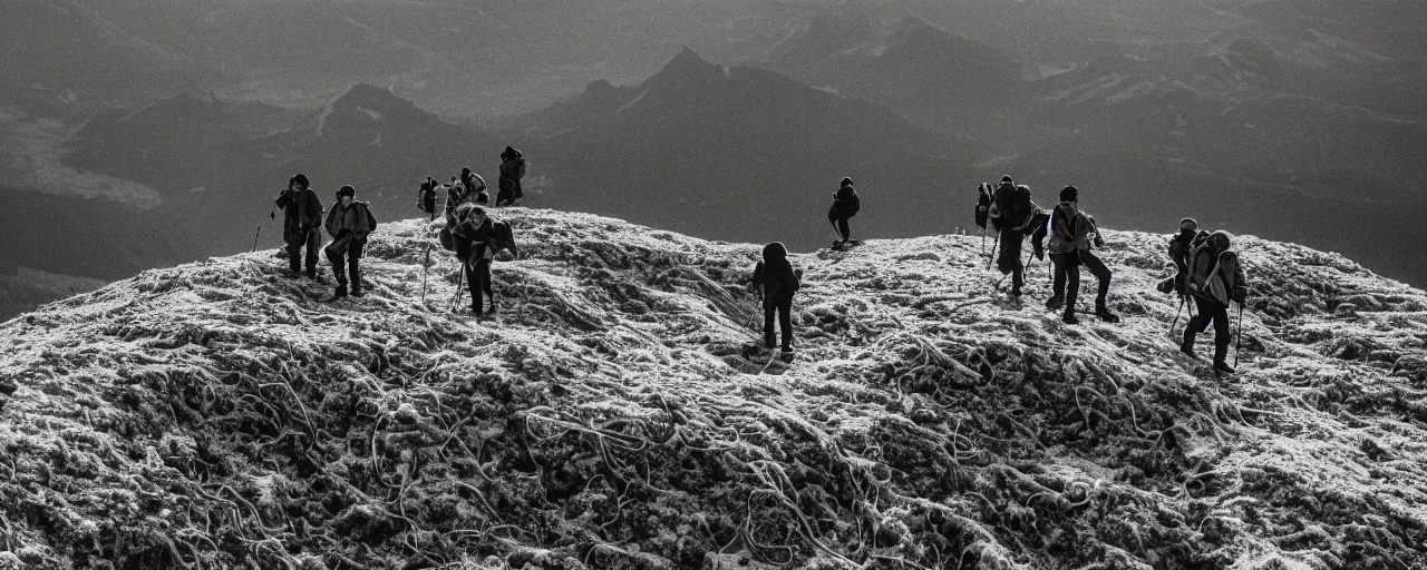 Prompt: people hiking over a hill made up of spaghetti on top of a frozen mountain, canon 5 0 mm, cinematic lighting, photography, retro, film, kodachrome