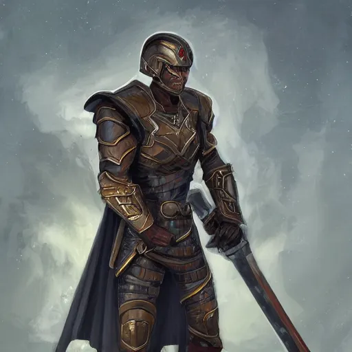 Image similar to Full body portrait of a godly super-soldier wearing roman style scientific body armor and wielding a god-slaying sword, D&D, fantasy, elegant, hopeful, muscular, gothic, futuristic, intelligent, highly detailed, digital painting, artstation, concept art, artisan, smooth, sharp focus, illustration