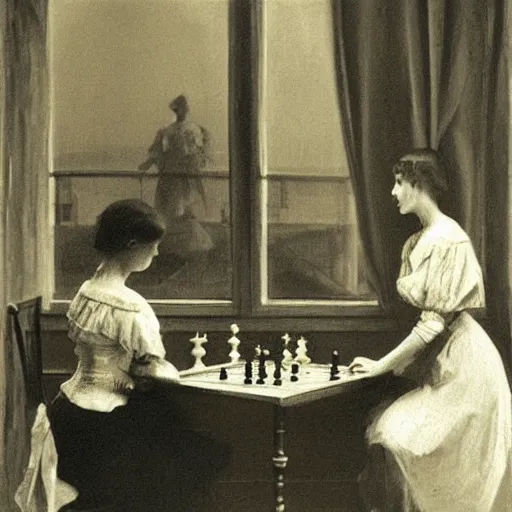 Image similar to two young edwardian women playing chess by a window at night, a beach reflecting moonlight is visible in the background, in the style of anders zorn