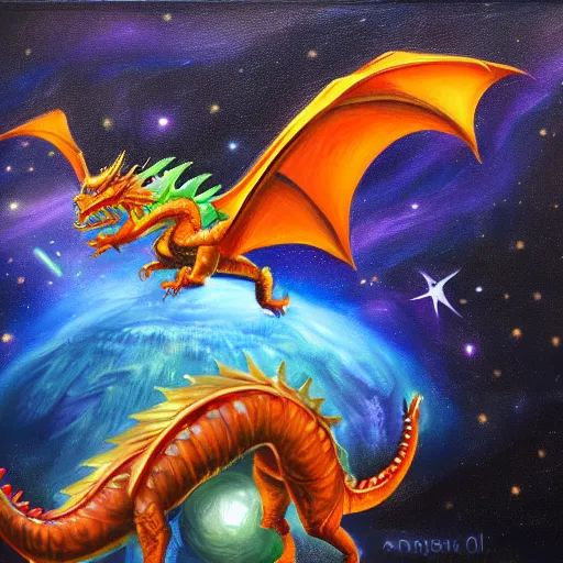 Prompt: dragon in the space, oil painting, trending on art station