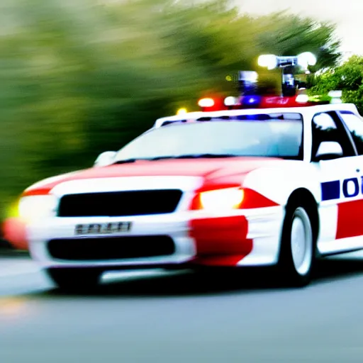 Image similar to police car driving, fast, police lights, 9 0 s action shot, car chase, ultra - realistic, color photography, zoom lens, speed blur