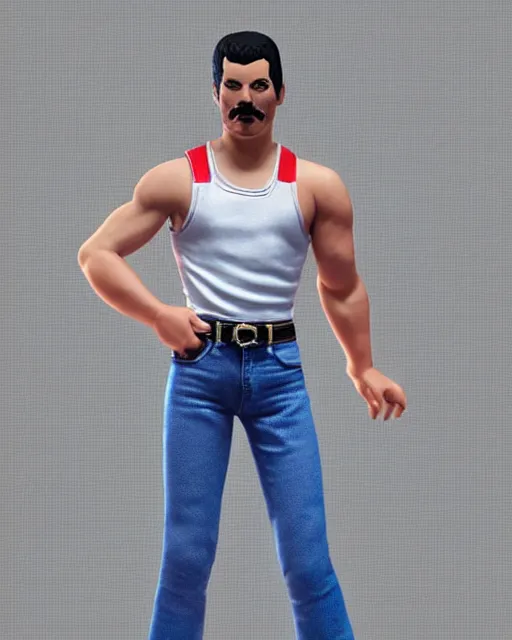 Image similar to full body 3 d render of freddie mercury, white sleeveless tank top blue jeans as a funko pop!, four, studio lighting, white background, single body, no shadow, blender, trending on artstation, 8 k, highly detailed