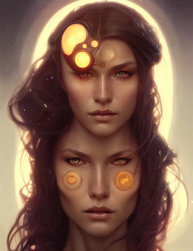 Image similar to futuristic woman portrait, sci-fi, amber eyes, face, long hair, fantasy, intricate, elegant, highly detailed, digital painting, artstation, concept art, smooth, sharp focus, illustration, art by artgerm and greg rutkowski and alphonse mucha