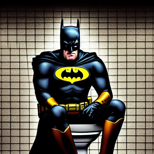 Prompt: low - angle shot from the ground of batman sitting on a toilet with pants down, dirty wall tiles, claustrophobic room, hyper - realistic comic digital art by tony daniel, dramatic lights, realistic, very very detailed, 4 k, dark colours