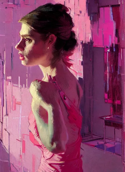 Prompt: portrait of a beautiful girl, watching herself in mirror, shades of pink, beautiful face, rule of thirds, intricate outfit, spotlight, by greg rutkowski, by jeremy mann, by francoise nielly, by van gogh, digital painting