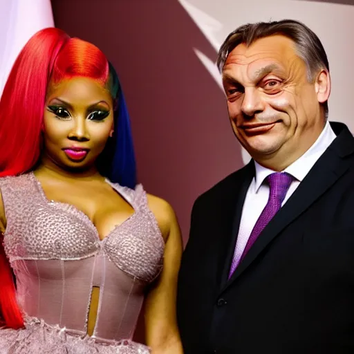 Image similar to viktor orban happy to pose for a photo with nicki minaj, highly detailed, hyper realistic