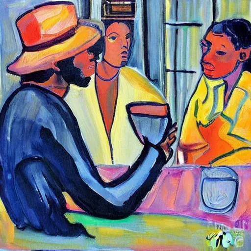 Image similar to The painting depicts two people, a man and a woman, sitting at a table. The man is looking at the woman with a facial expression that indicates he is interested in her. The woman is looking at the man with a facial expression that indicates she is not interested in him. There is a lamp on the table between them. by Emily Kame Kngwarreye, by Diego Dayer perspective