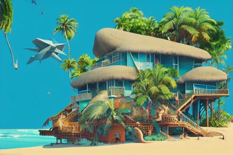 Prompt: a tropical beach cottage by paolo eleuteri serpieri and tomer hanuka and chesley bonestell and daniel merriam and tomokazu matsuyama, clearly defined outlines, unreal engine, high resolution render, featured on artstation, octane, 8 k, highly intricate details, vivid colors