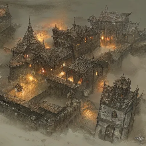 Image similar to top down battle map in a medieval town, drawn by Ruan Jia, fantasy art, dramatic lighting, digital art,highly detailed